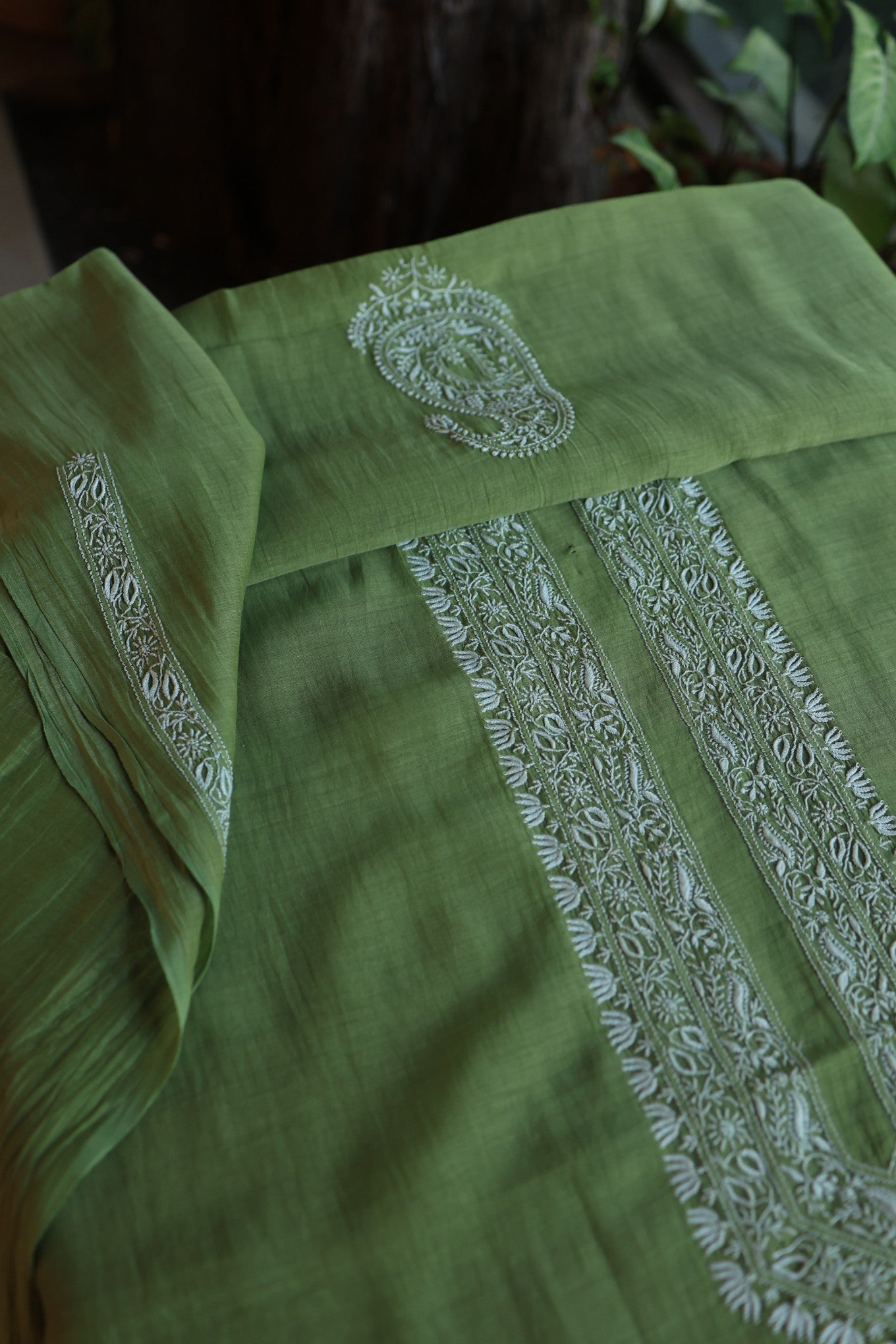 Dark Olive Green Mulmul Chikankari Unstitched Men's Kurtas Fabric