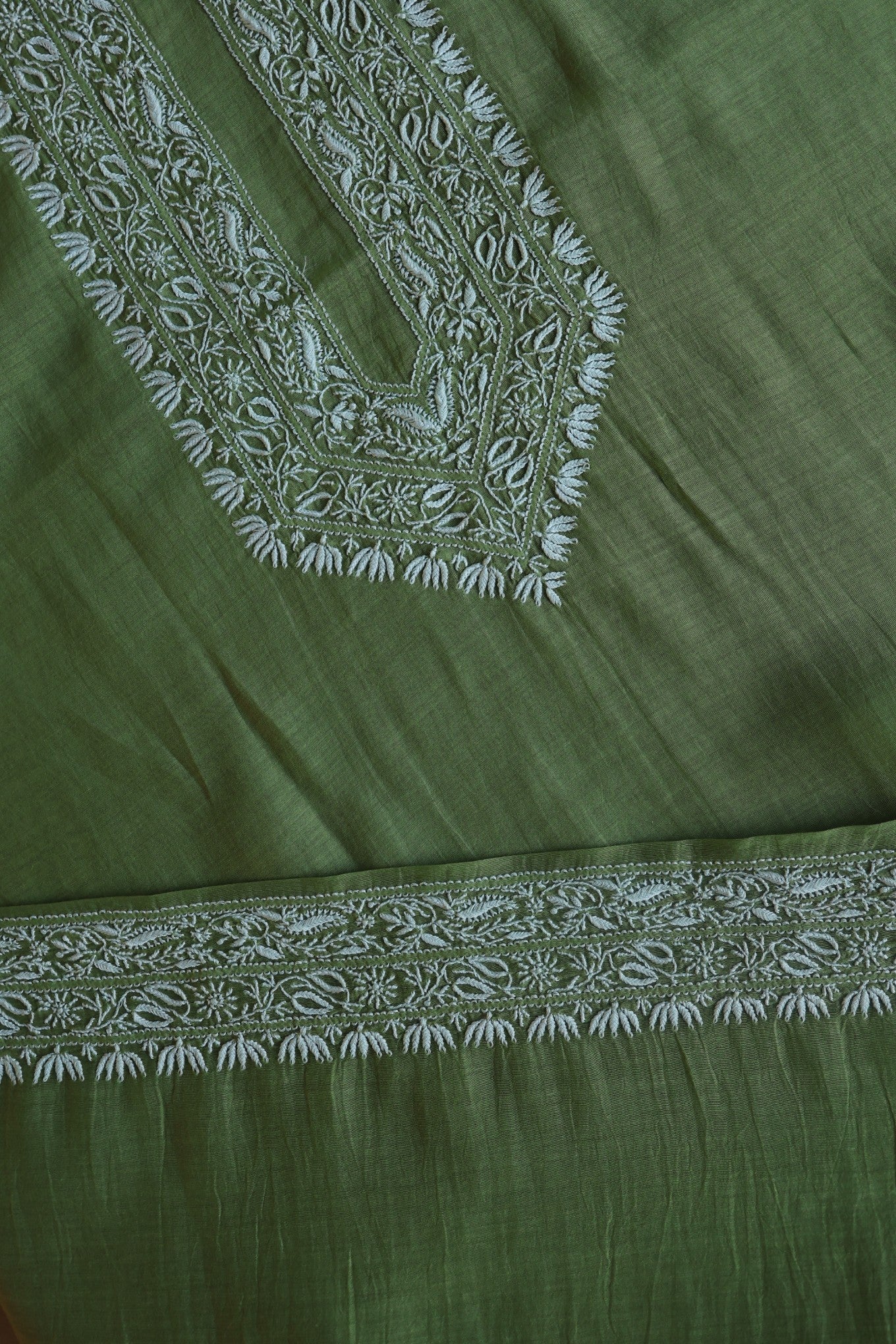 Dark Olive Green Mulmul Chikankari Unstitched Men's Kurtas Fabric