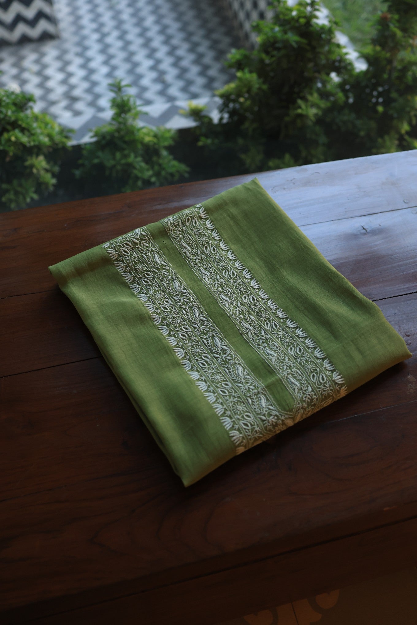 Dark Olive Green Mulmul Chikankari Unstitched Men's Kurtas Fabric