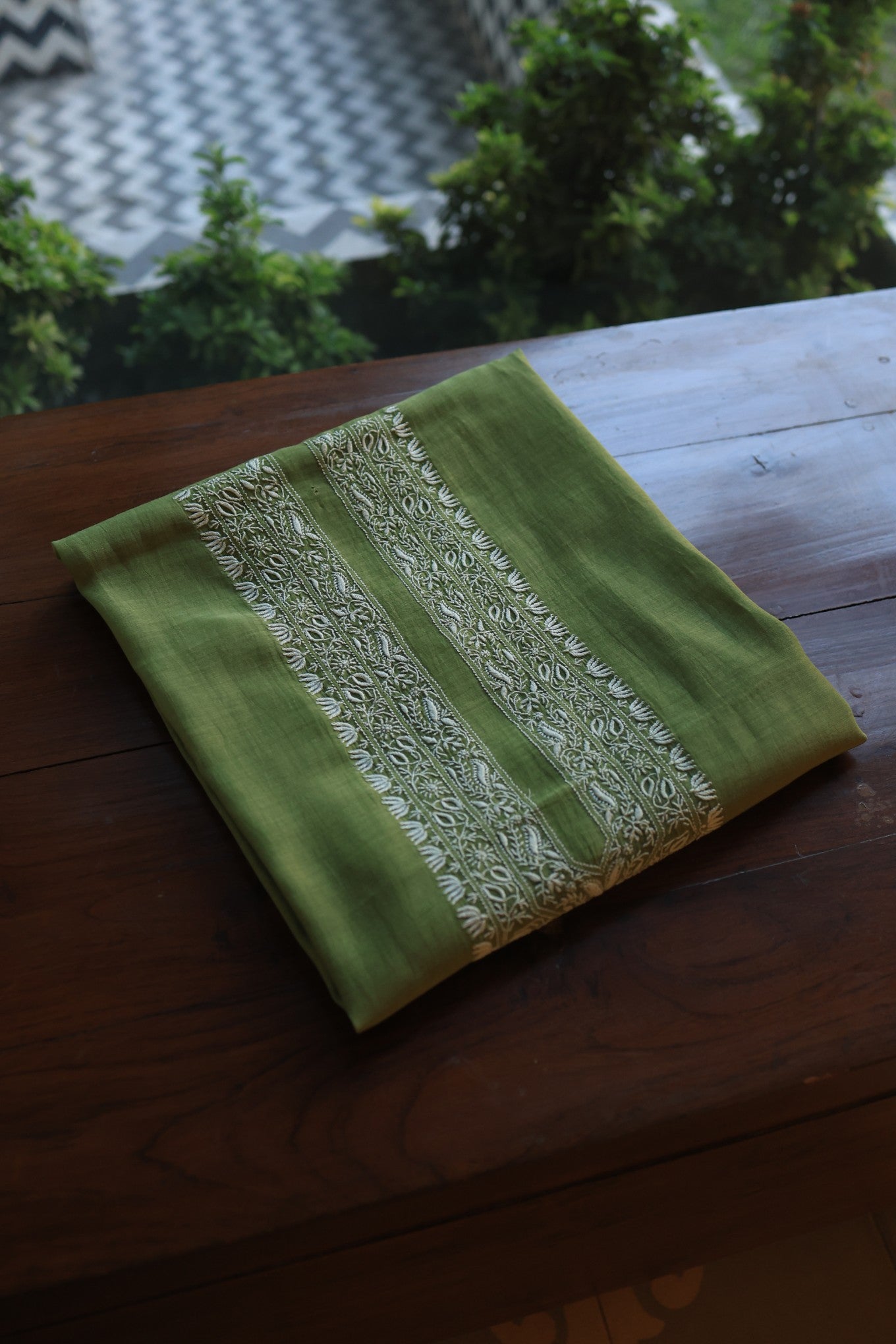 Dark Olive Green Mulmul Chikankari Unstitched Men's Kurtas Fabric