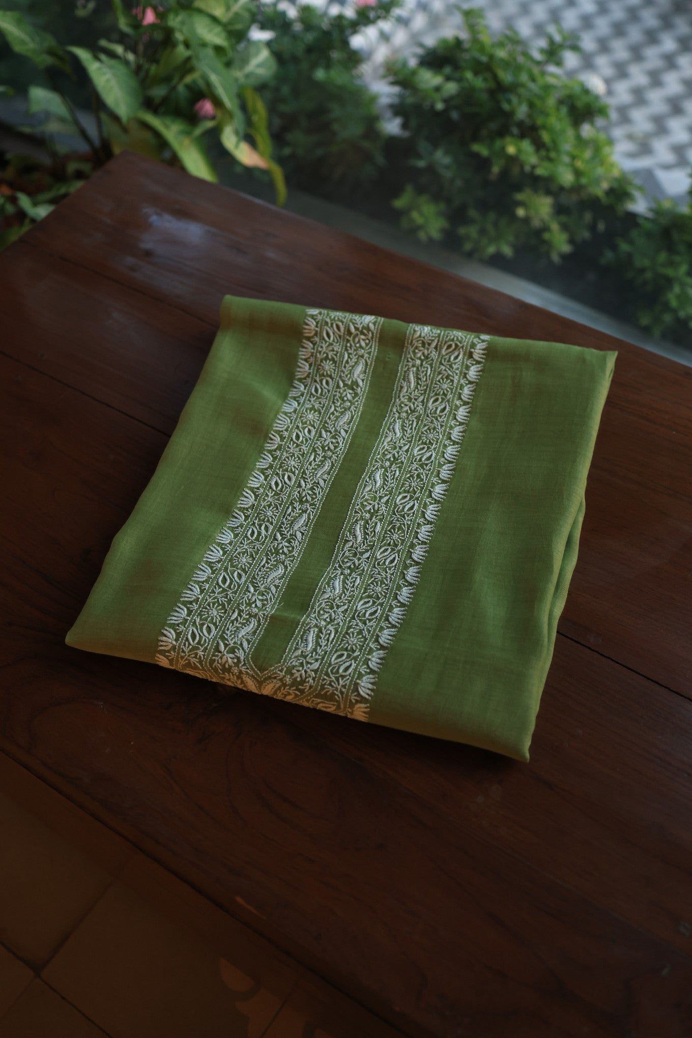 Dark Olive Green Mulmul Chikankari Unstitched Men's Kurtas Fabric