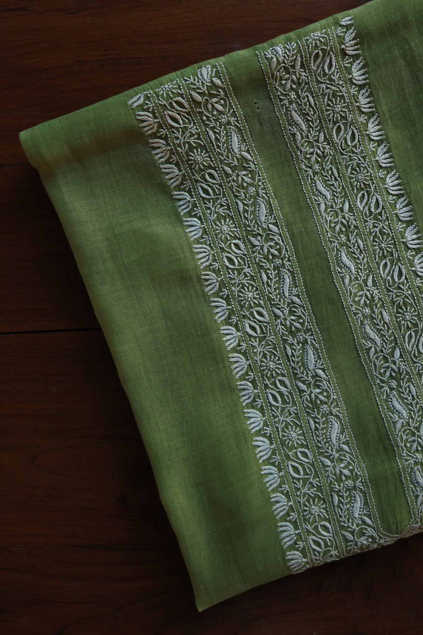Dark Olive Green Mulmul Chikankari Unstitched Men's Kurtas Fabric