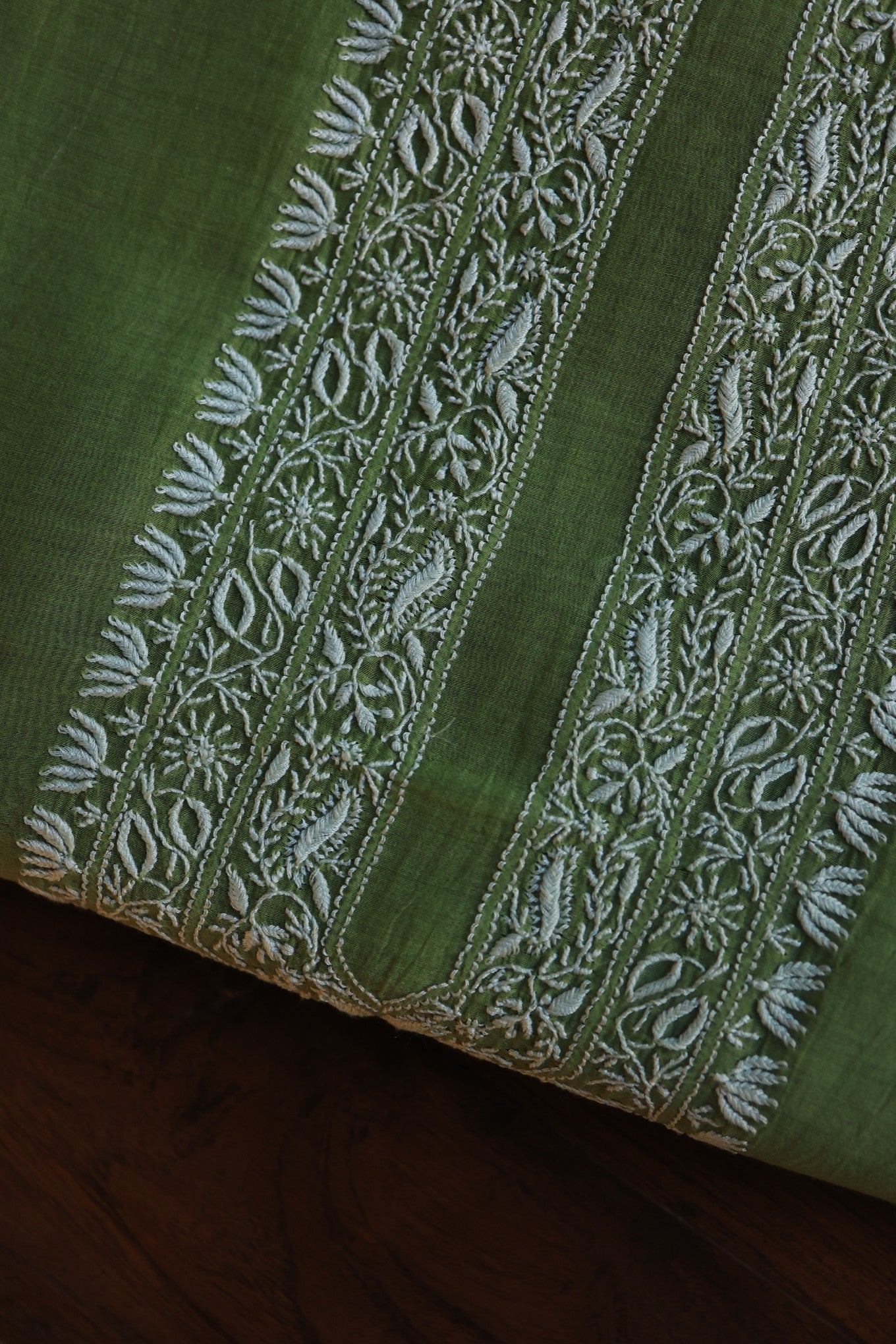 Dark Olive Green Mulmul Chikankari Unstitched Men's Kurtas Fabric