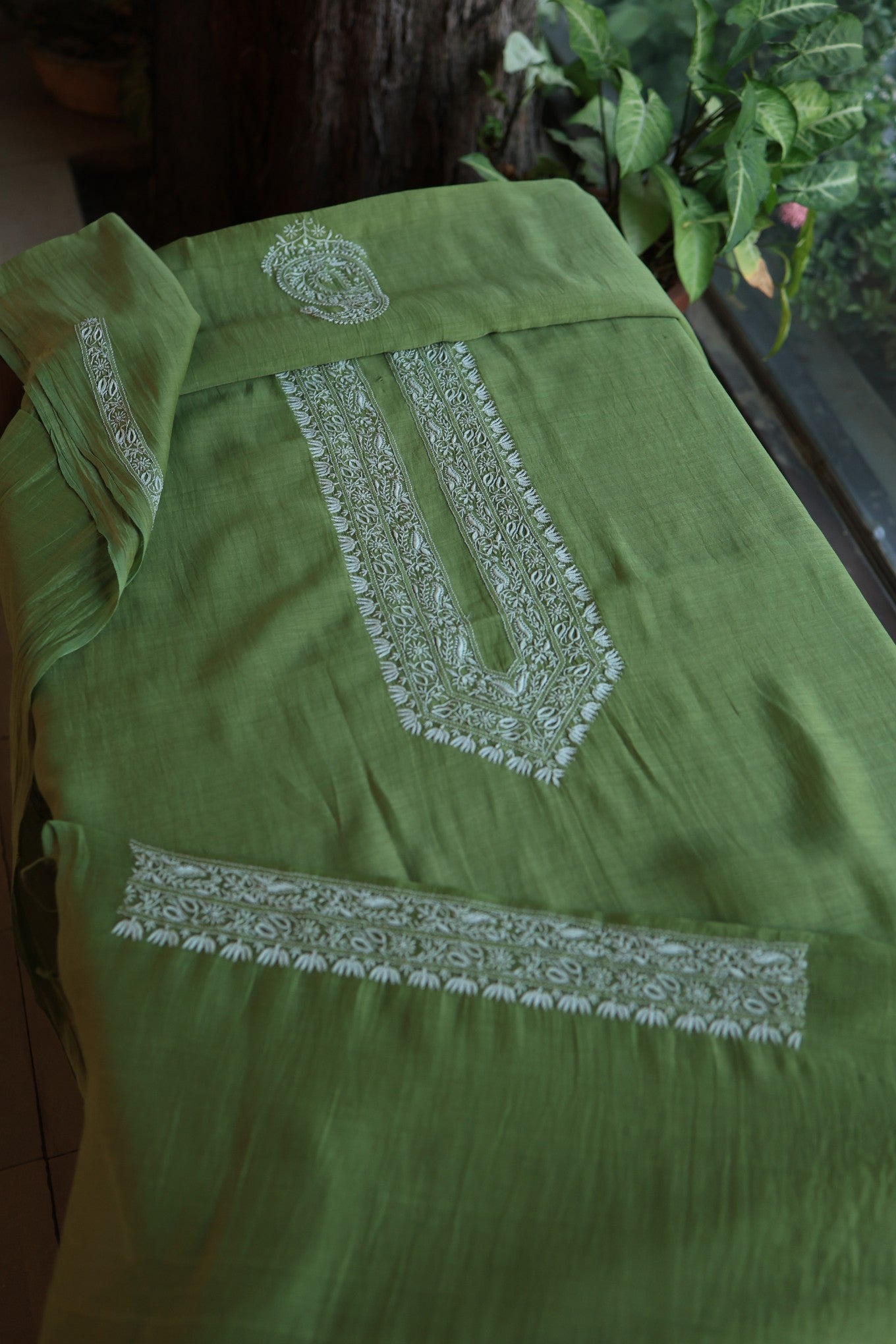 Dark Olive Green Mulmul Chikankari Unstitched Men's Kurtas Fabric