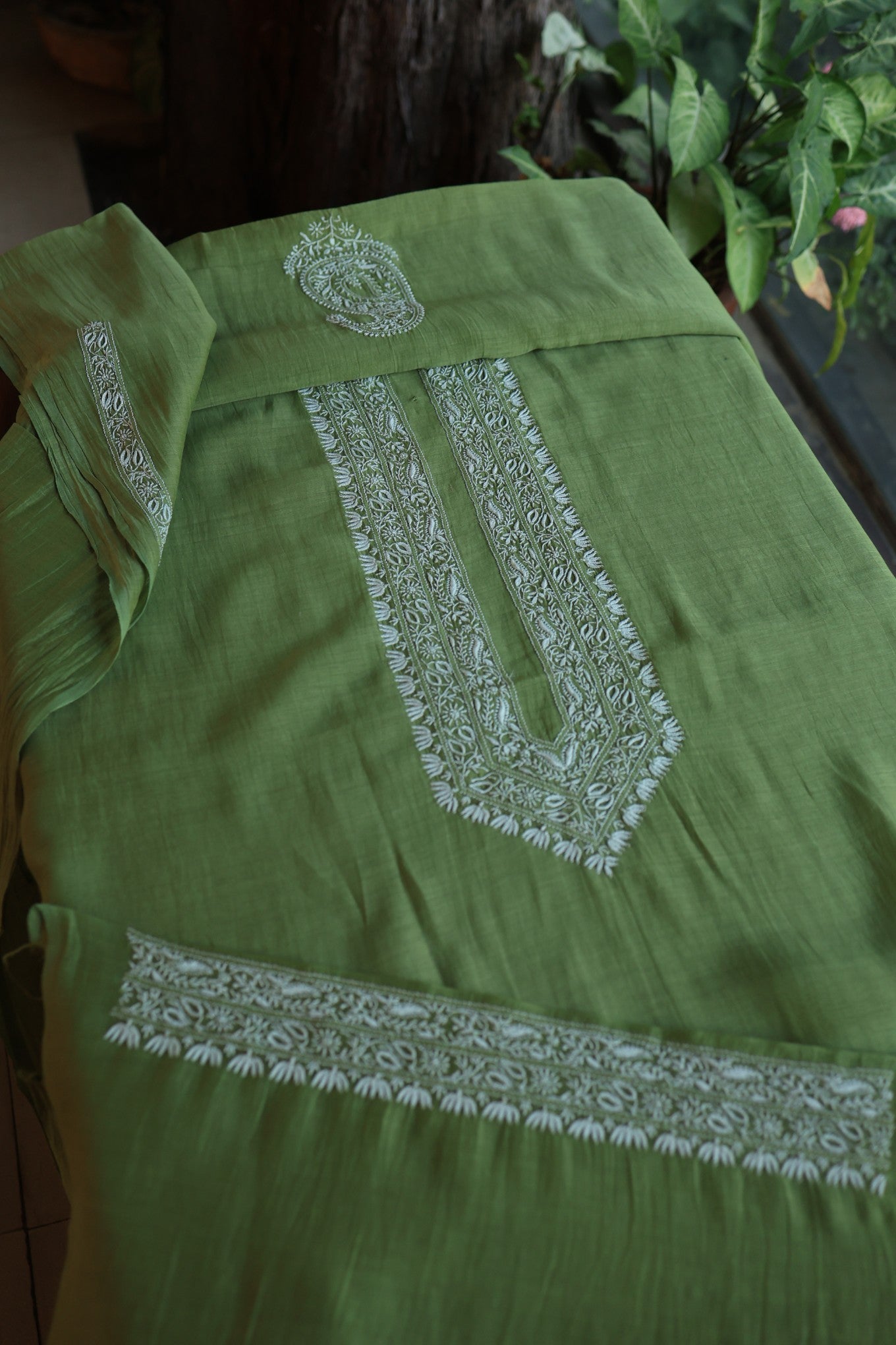 Dark Olive Green Mulmul Chikankari Unstitched Men's Kurtas Fabric