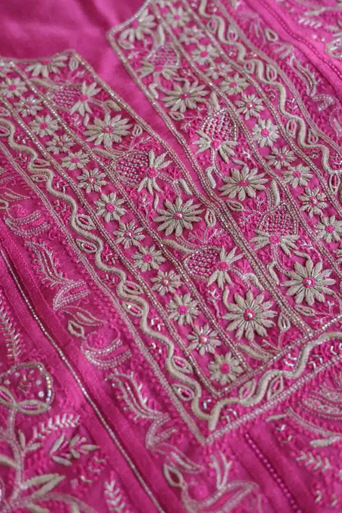 Dark Pink Moonga Silk Chikankari Unstitched Fabric