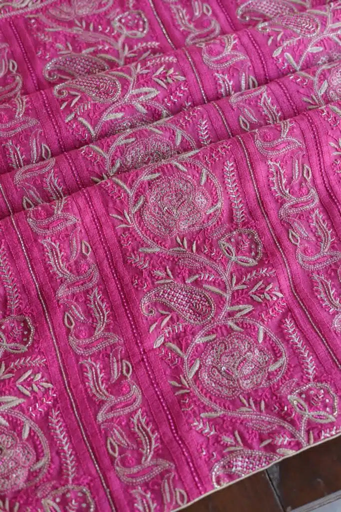 Dark Pink Moonga Silk Chikankari Unstitched Fabric