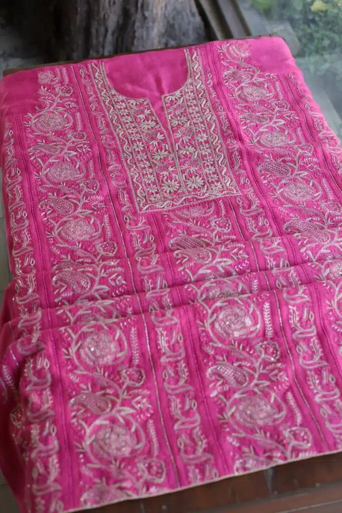 Dark Pink Moonga Silk Chikankari Unstitched Fabric