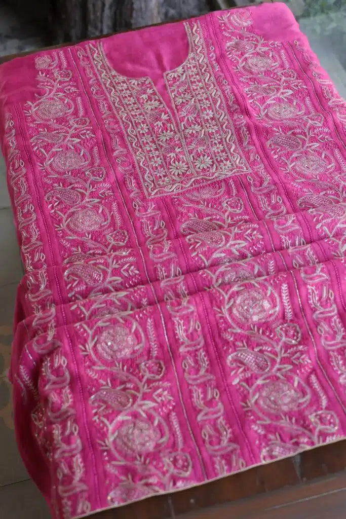 Dark Pink Moonga Silk Chikankari Unstitched Fabric