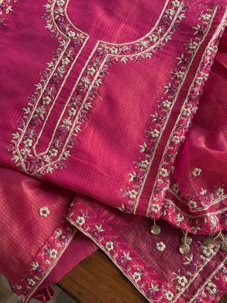 Dark Pink Shade Shade Tissue Kota Chikankari Unstitched Fabric
