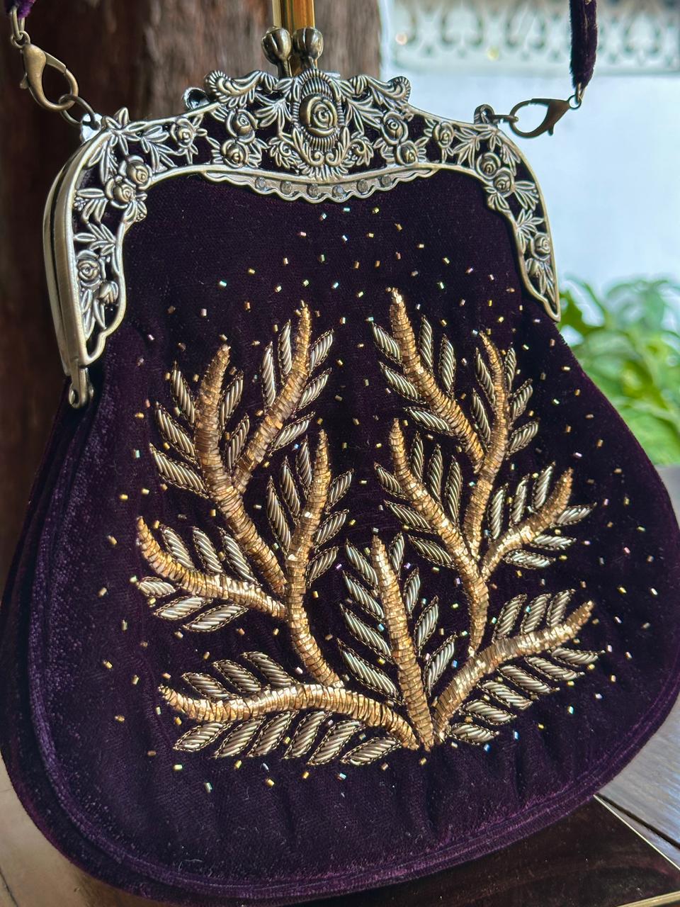 Dark Purple Shade Velvet Ari Mukaish Zardosi Sling Clutch Bag