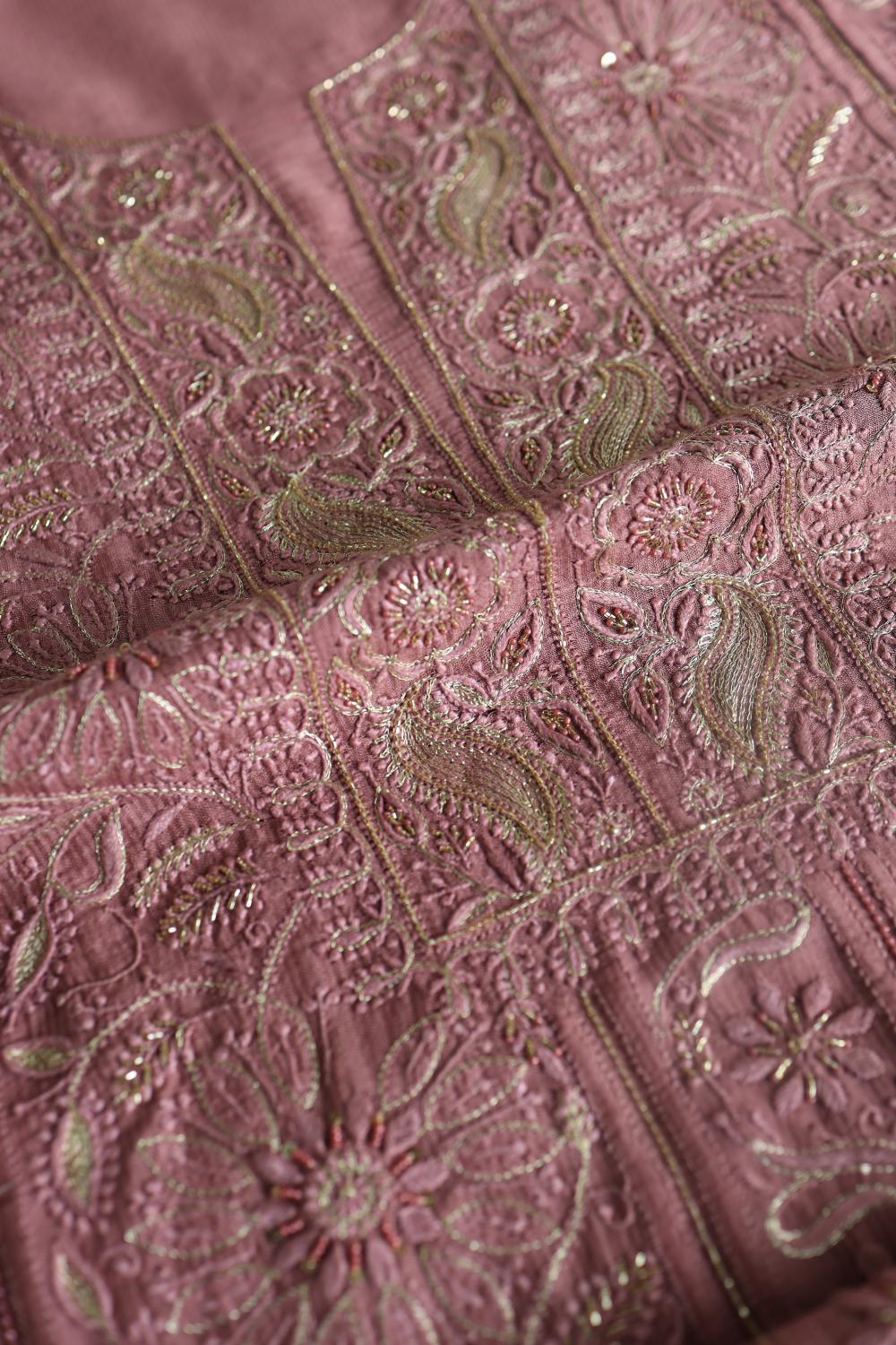 Deep Rose Shade Maheshwari Chikankari Unstitched Fabric