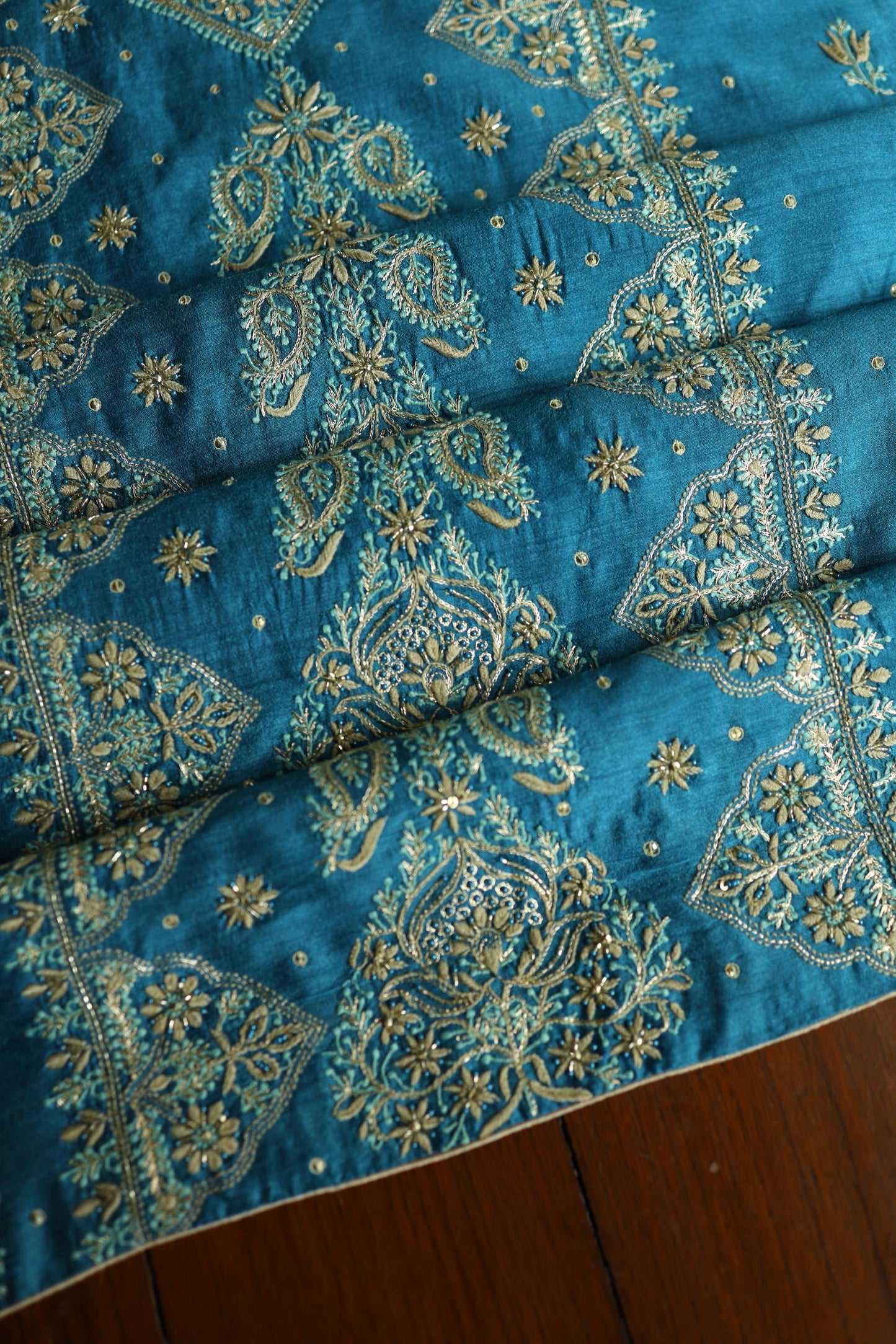 Deep Aqua Blue Shade Moonga Silk Chikankari Unstitched Fabric