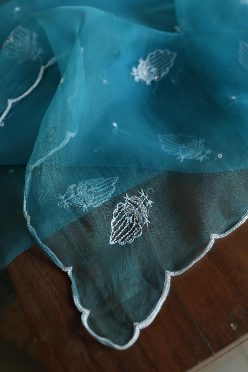 Deep Aqua Mal Chanderi Silk Chikankari With Sequins Unstitched Kurta Dupatta Set