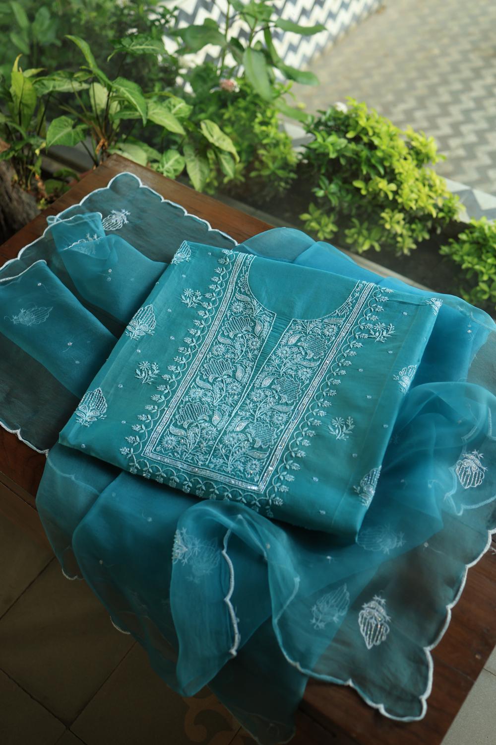 Deep Aqua Mal Chanderi Silk Chikankari With Sequins Unstitched Kurta Dupatta Set