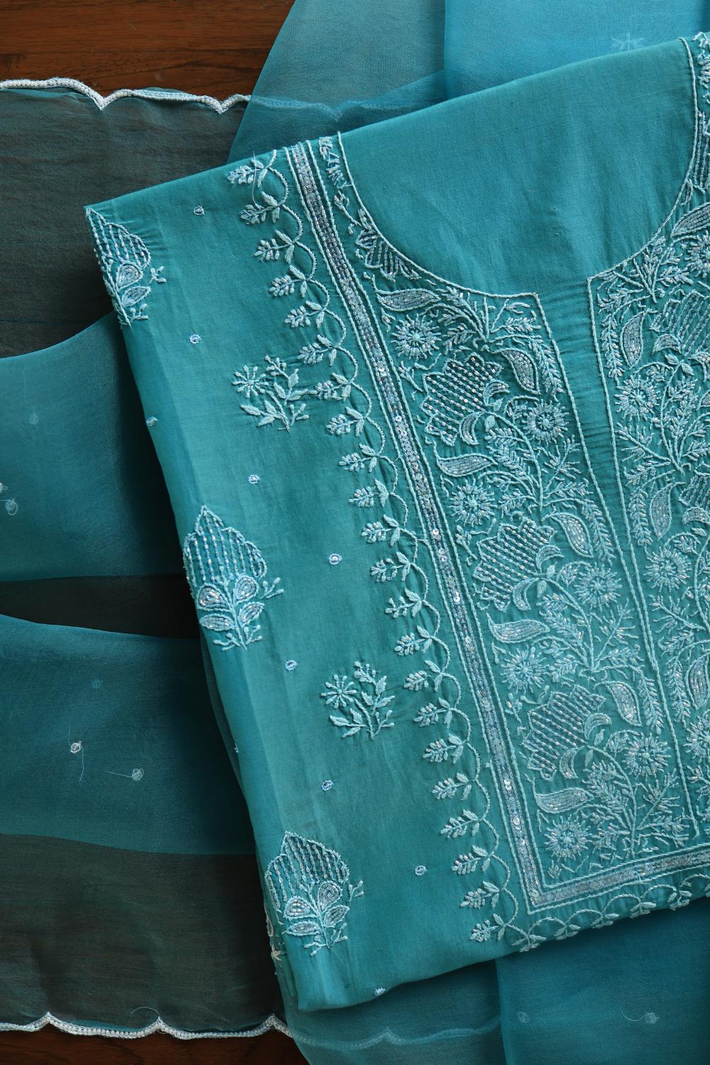 Deep Aqua Mal Chanderi Silk Chikankari With Sequins Unstitched Kurta Dupatta Set