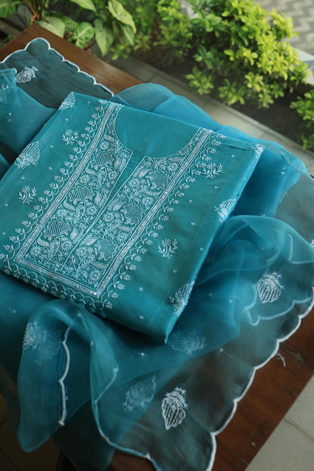 Deep Aqua Mal Chanderi Silk Chikankari With Sequins Unstitched Kurta Dupatta Set