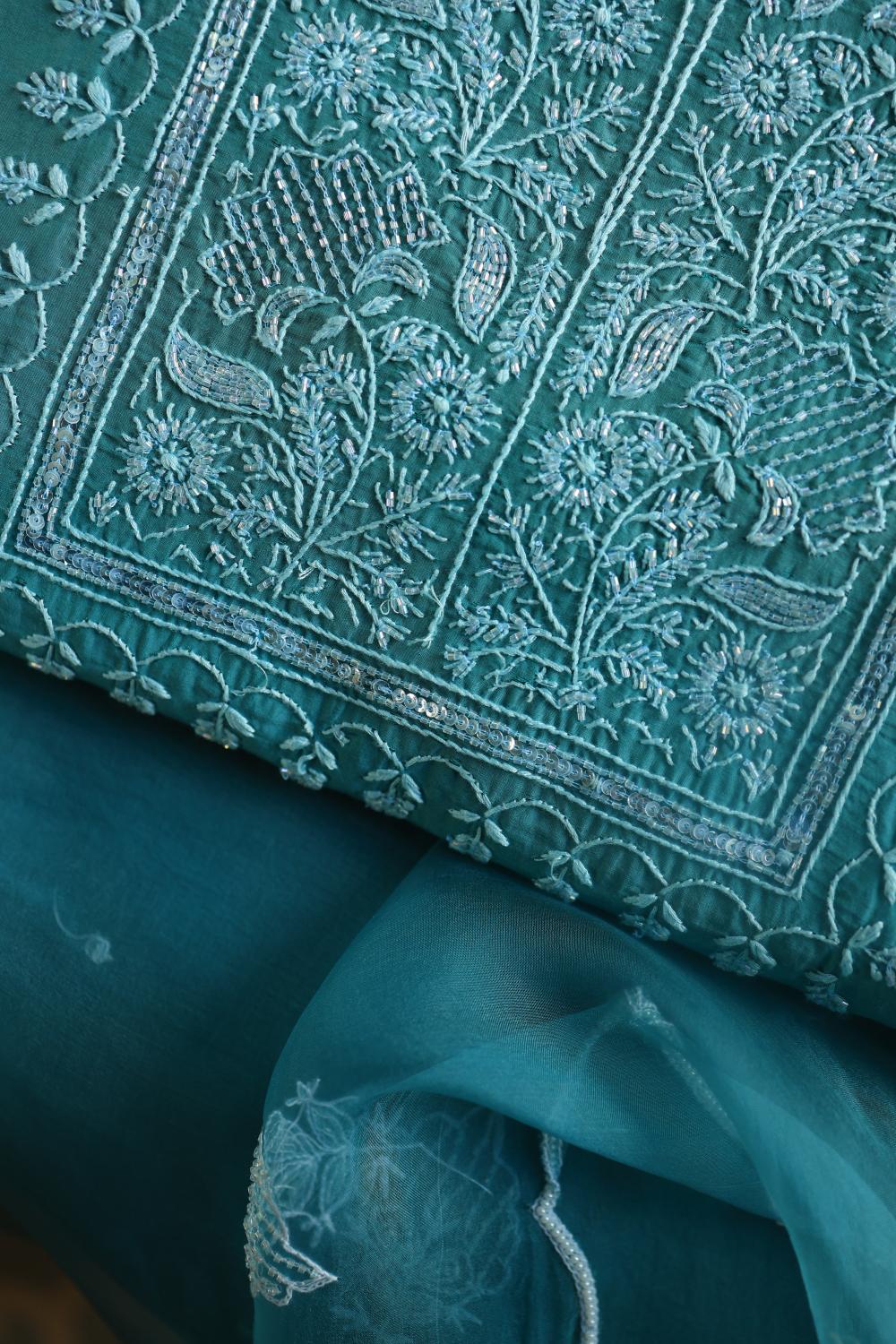 Deep Aqua Mal Chanderi Silk Chikankari With Sequins Unstitched Kurta Dupatta Set