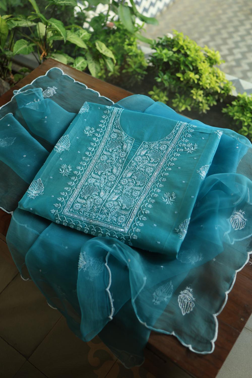 Deep Aqua Mal Chanderi Silk Chikankari With Sequins Unstitched Kurta Dupatta Set