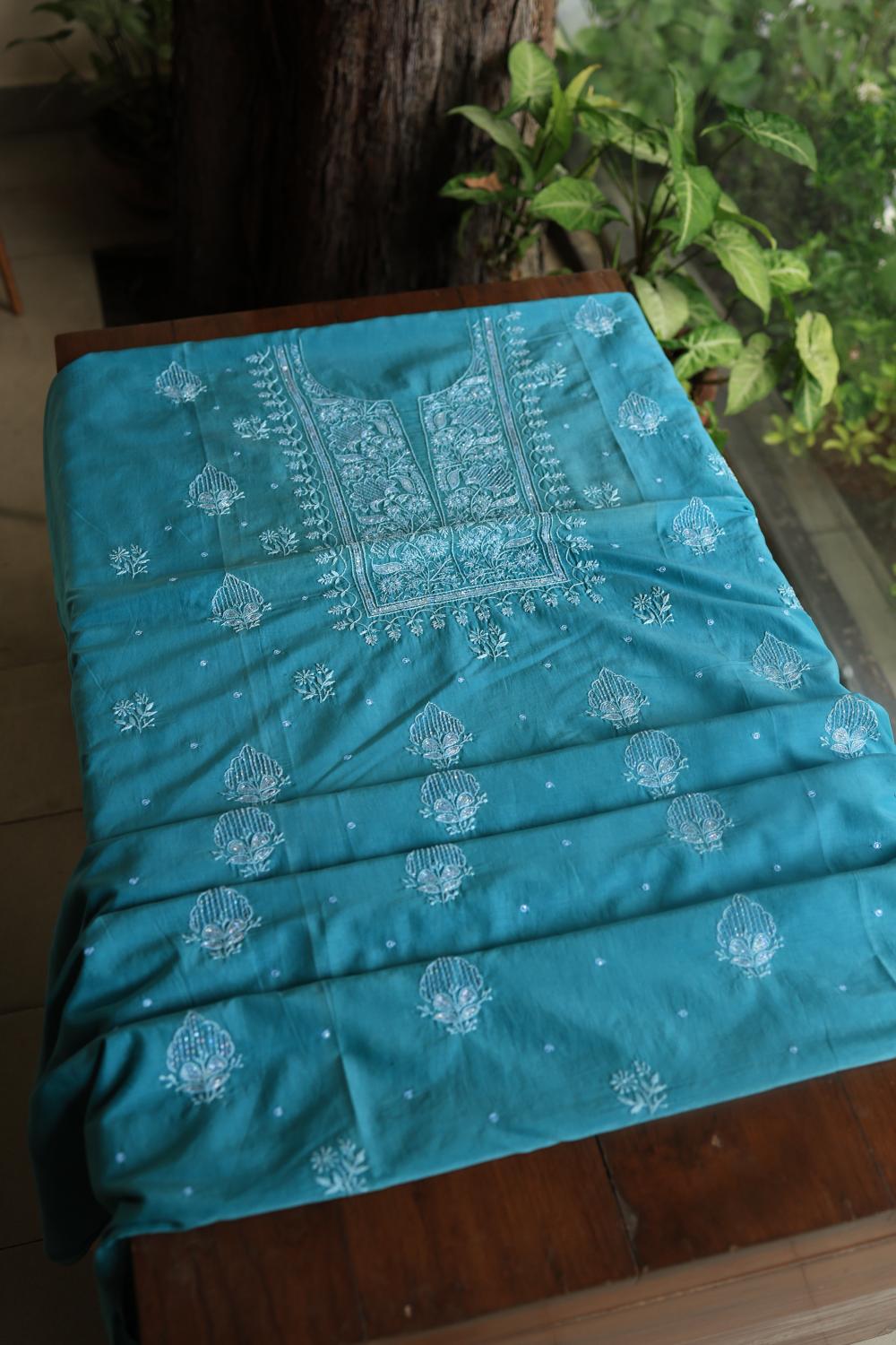 Deep Aqua Mal Chanderi Silk Chikankari With Sequins Unstitched Kurta Dupatta Set