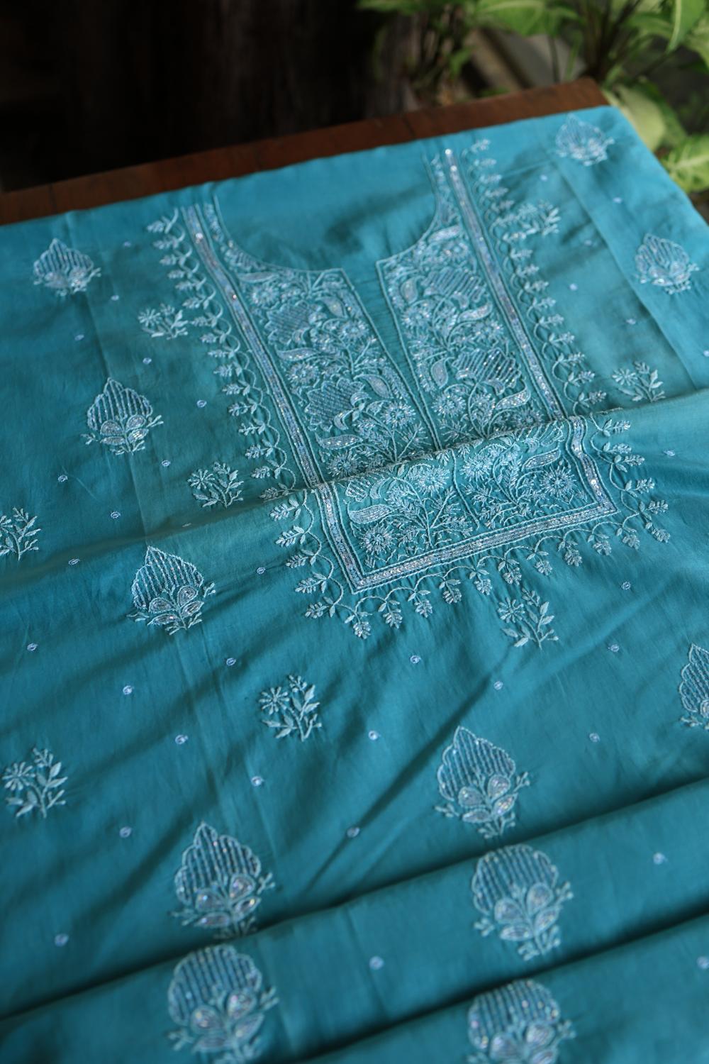 Deep Aqua Mal Chanderi Silk Chikankari With Sequins Unstitched Kurta Dupatta Set