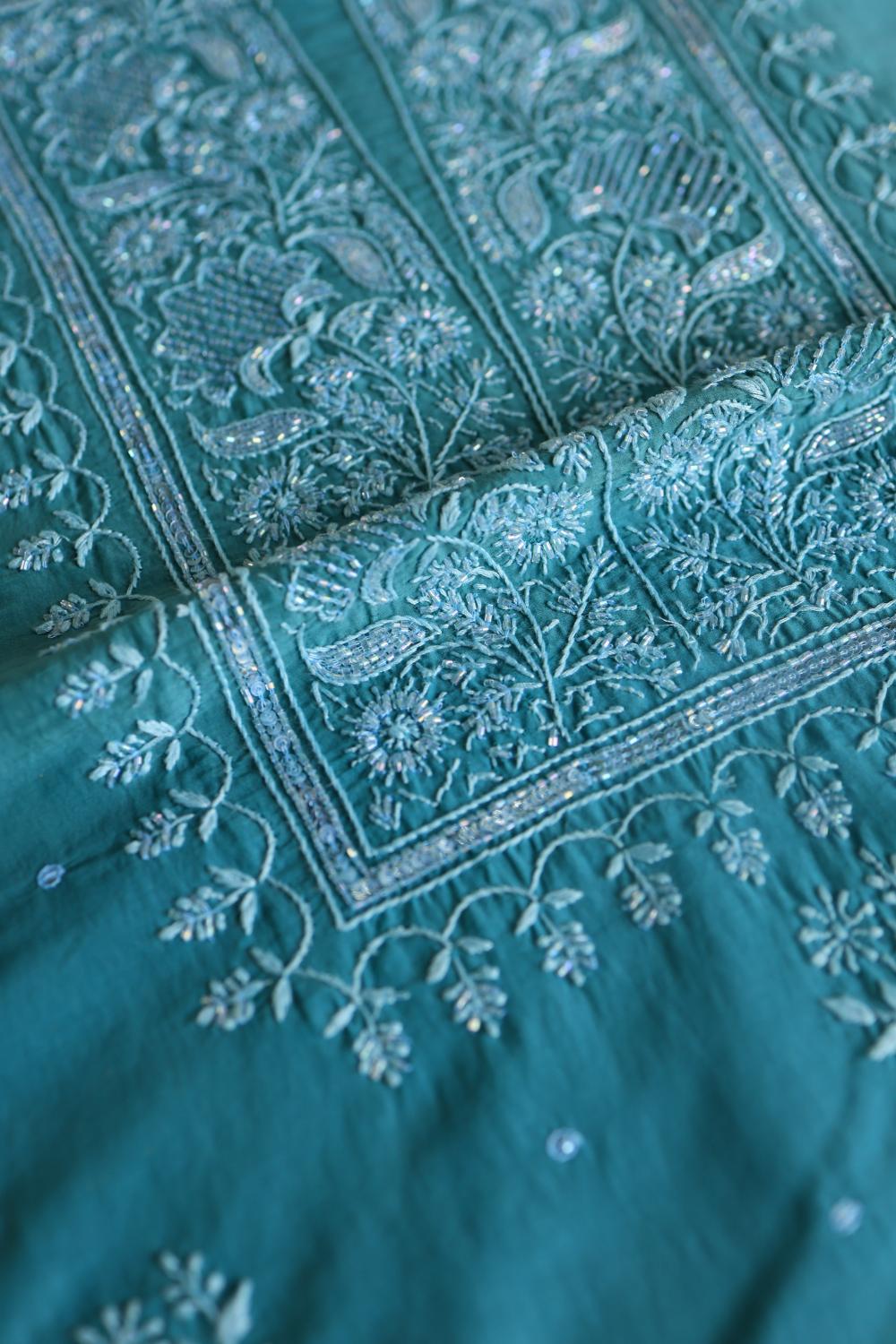Deep Aqua Mal Chanderi Silk Chikankari With Sequins Unstitched Kurta Dupatta Set