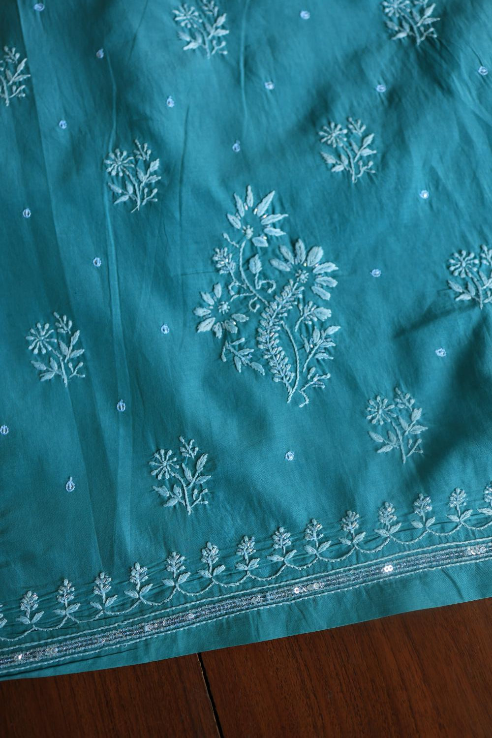 Deep Aqua Mal Chanderi Silk Chikankari With Sequins Unstitched Kurta Dupatta Set
