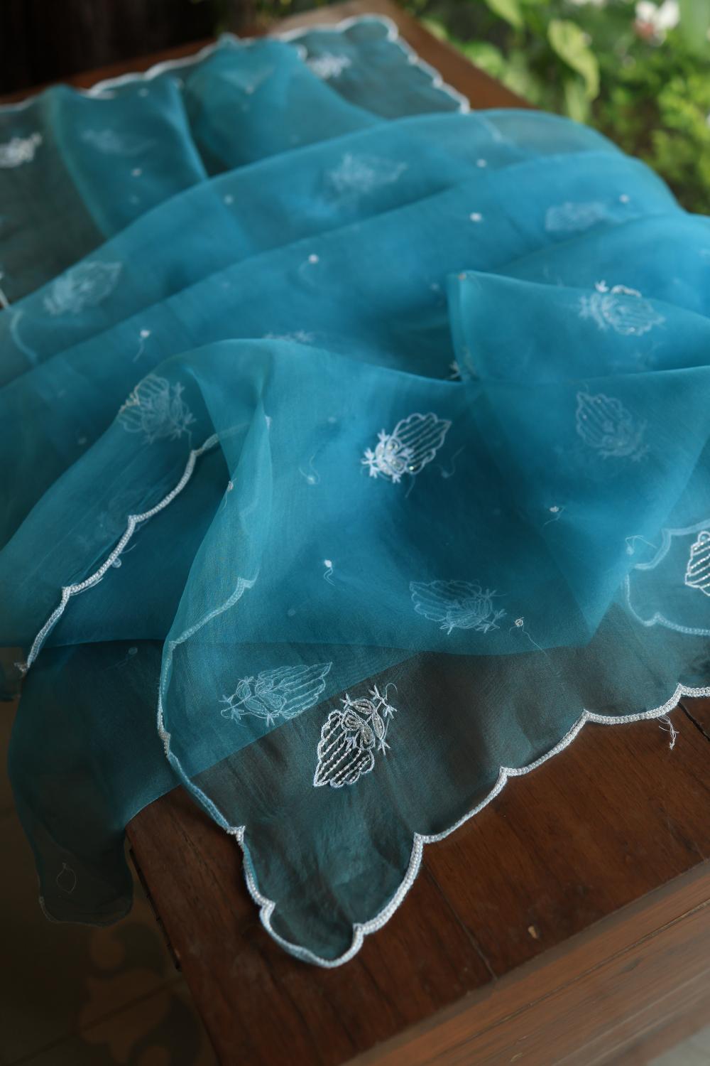 Deep Aqua Mal Chanderi Silk Chikankari With Sequins Unstitched Kurta Dupatta Set