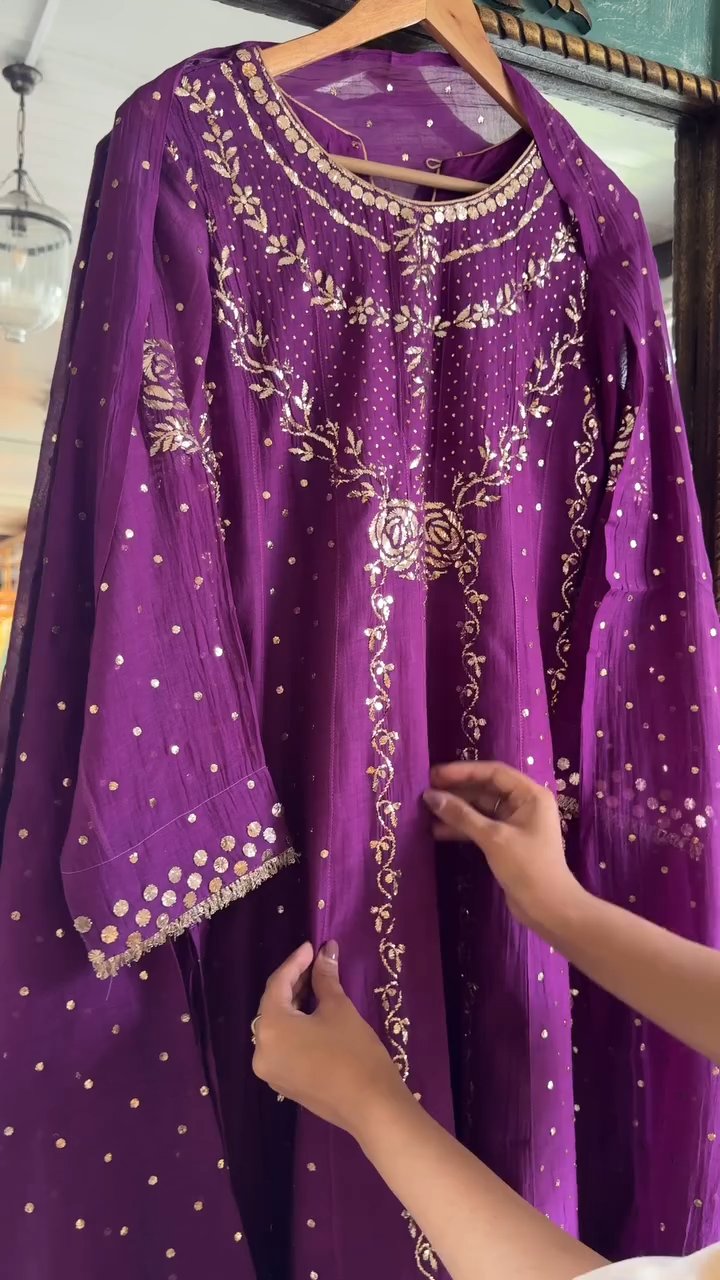 Deep Purple Badla Mukaish Chanderi Silk Anarkali Kurta Set