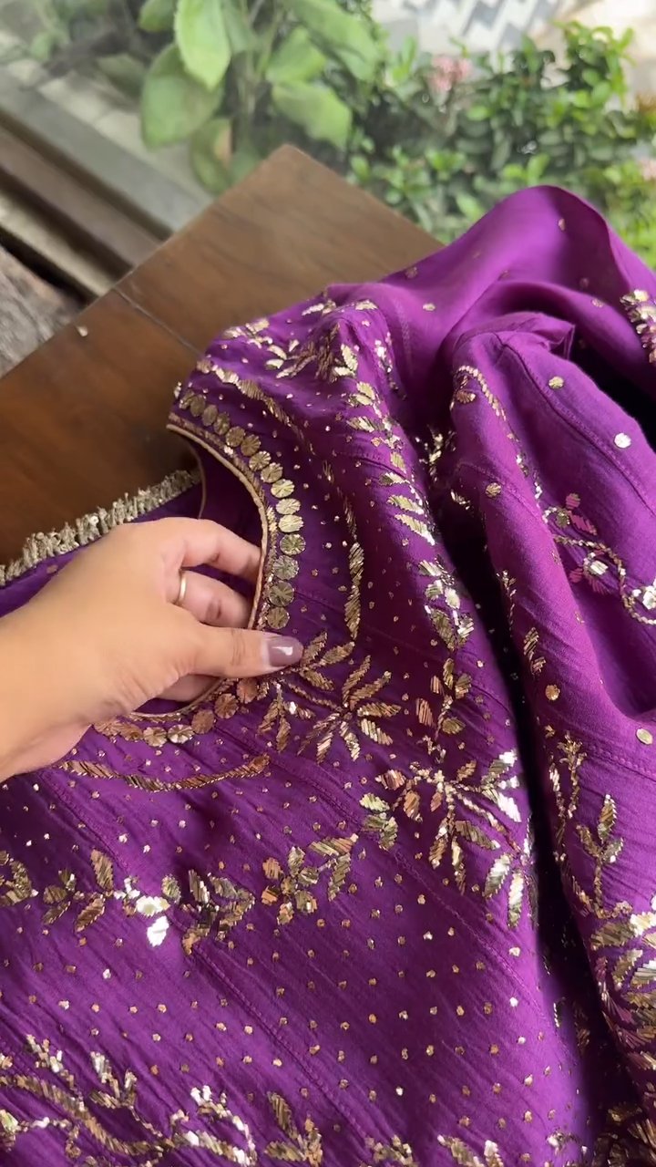 Deep Purple Badla Mukaish Chanderi Silk Anarkali Kurta Set