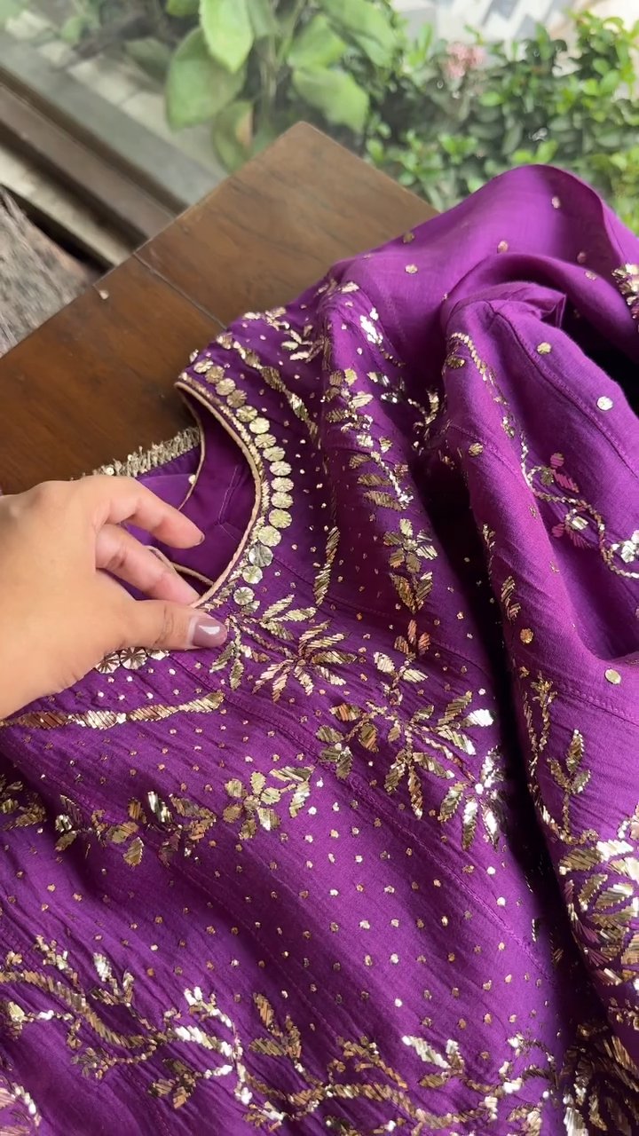 Deep Purple Badla Mukaish Chanderi Silk Anarkali Kurta Set