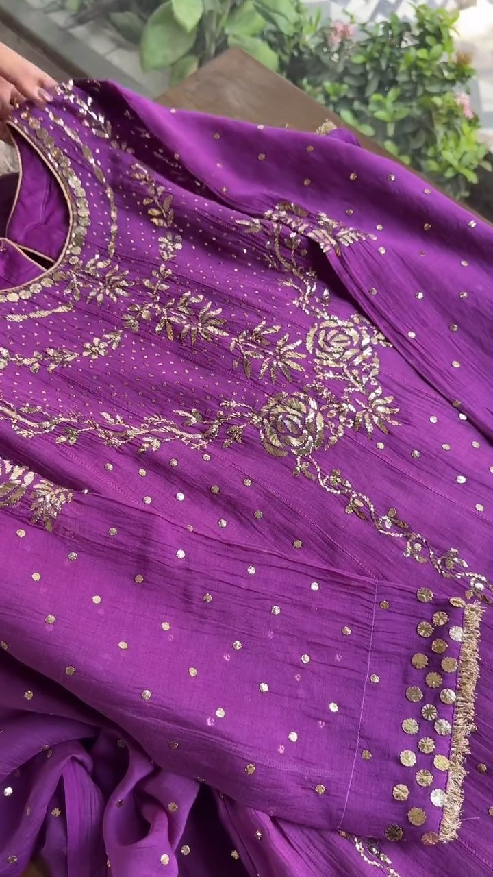 Deep Purple Badla Mukaish Chanderi Silk Anarkali Kurta Set