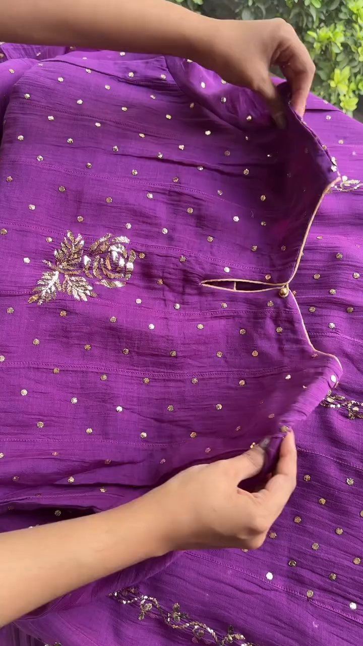 Deep Purple Badla Mukaish Chanderi Silk Anarkali Kurta Set