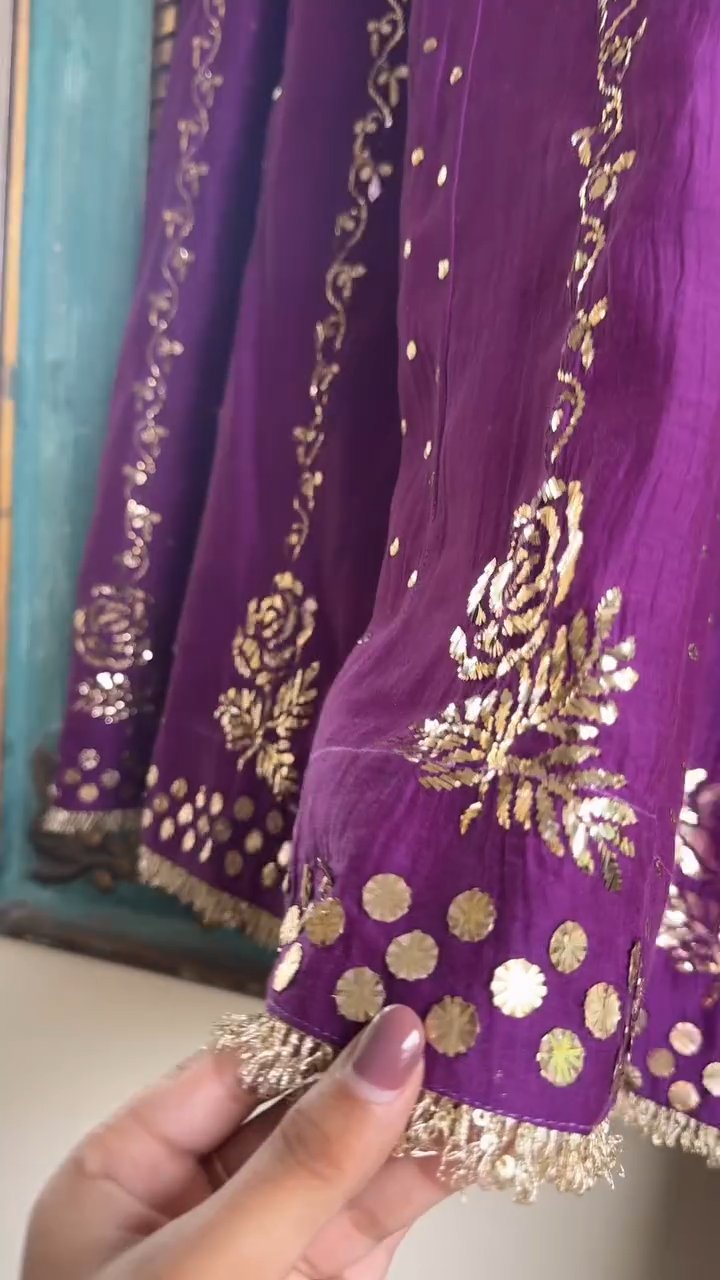 Deep Purple Badla Mukaish Chanderi Silk Anarkali Kurta Set