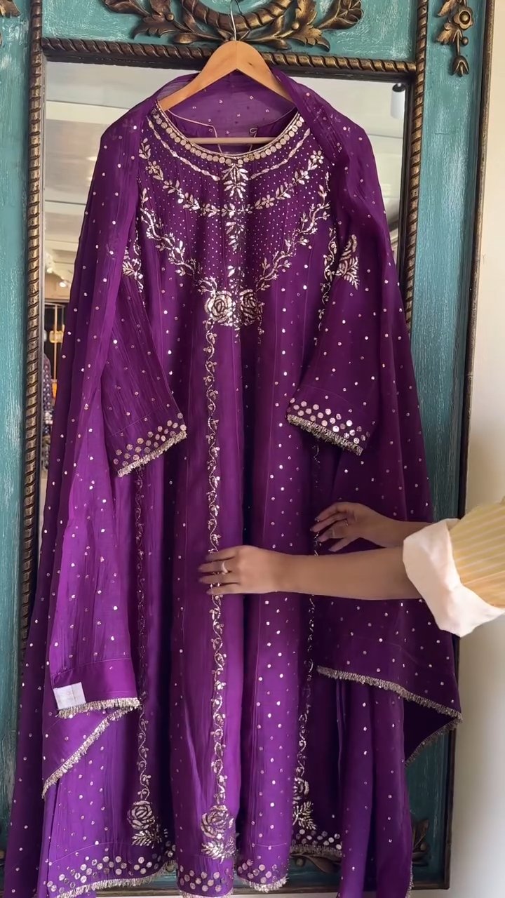Deep Purple Badla Mukaish Chanderi Silk Anarkali Kurta Set