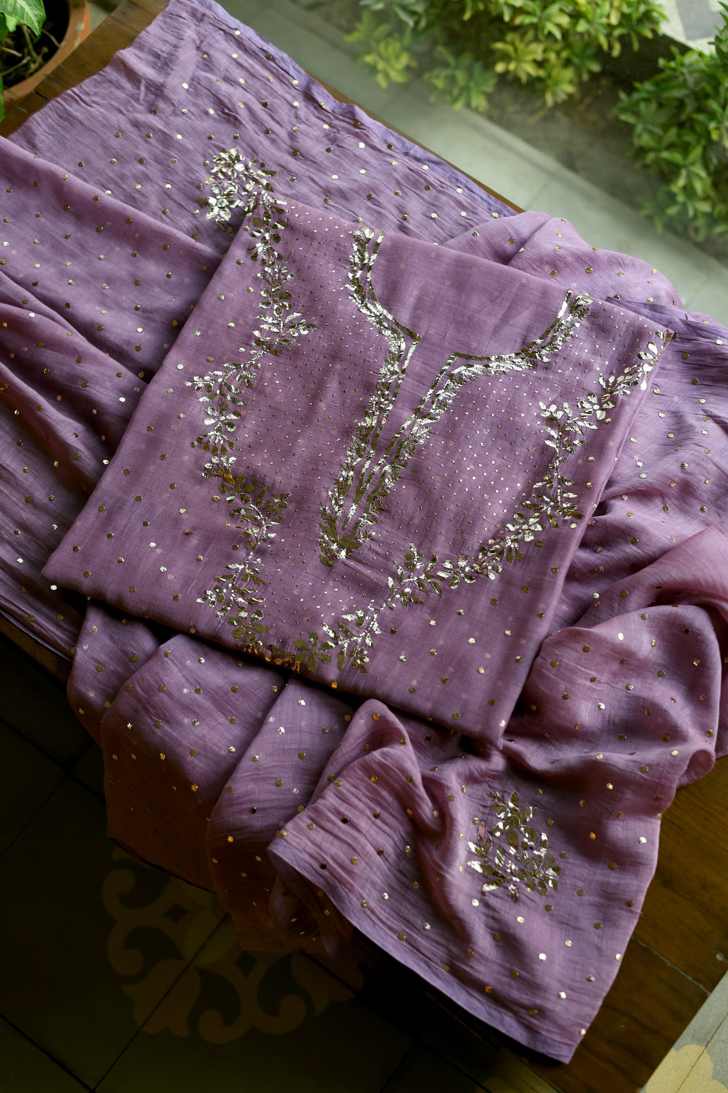 Deep Purple Chanderi Silk Mukaish Badla Unstitched Fabric