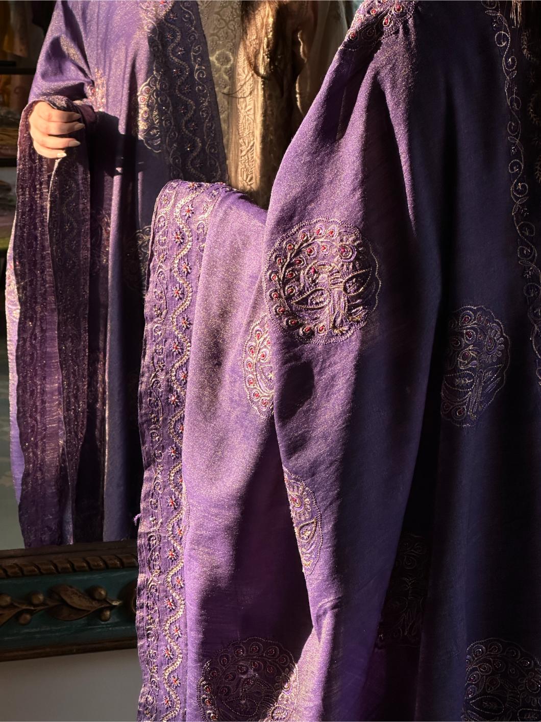 Deep Purple Shade Fine Chikankari Ari Tissue Silk Dupatta