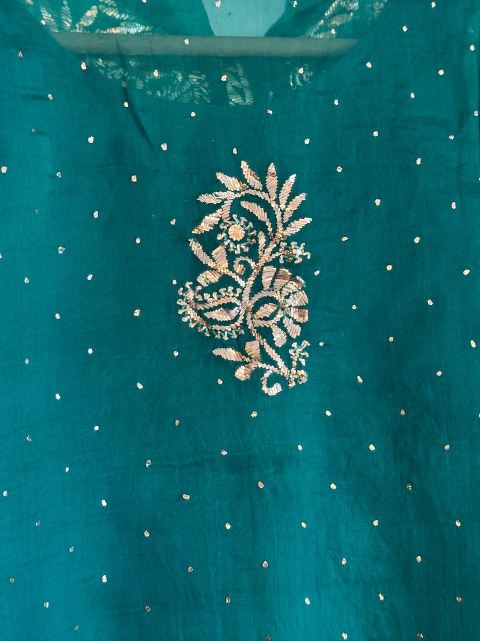 Deep Teal Green Noor Organza Mukaish Badla Short Top With Bow Tie