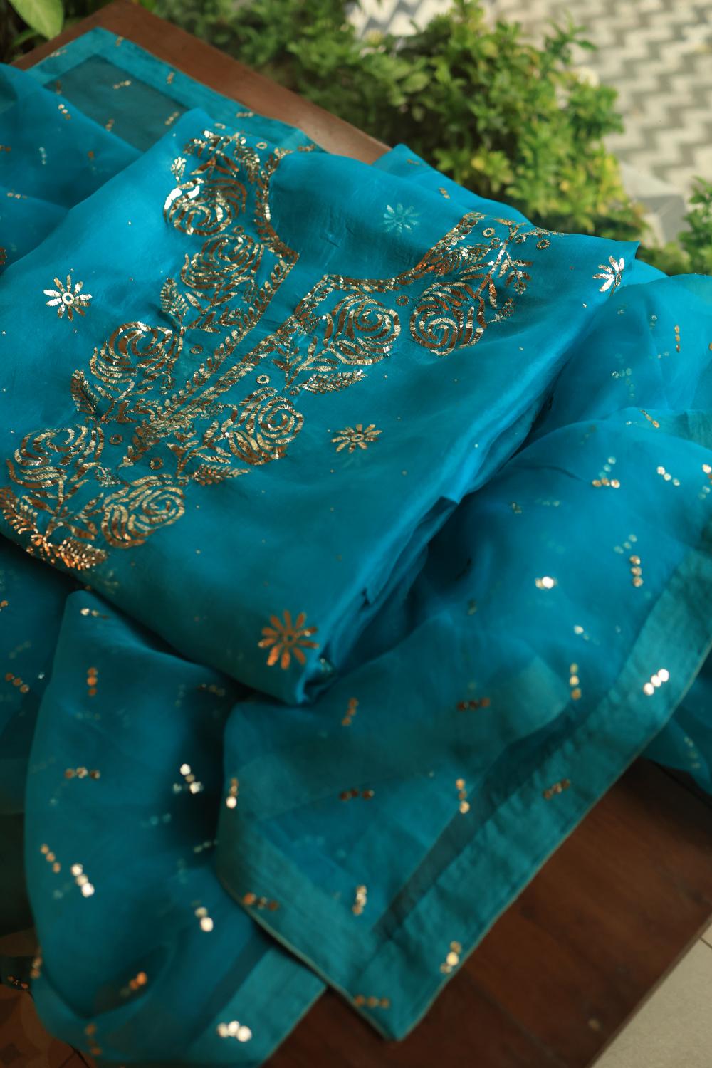 Deep Teal Shade Noor Organza Silk Chikankari Unstitched Kurta Dupatta Set