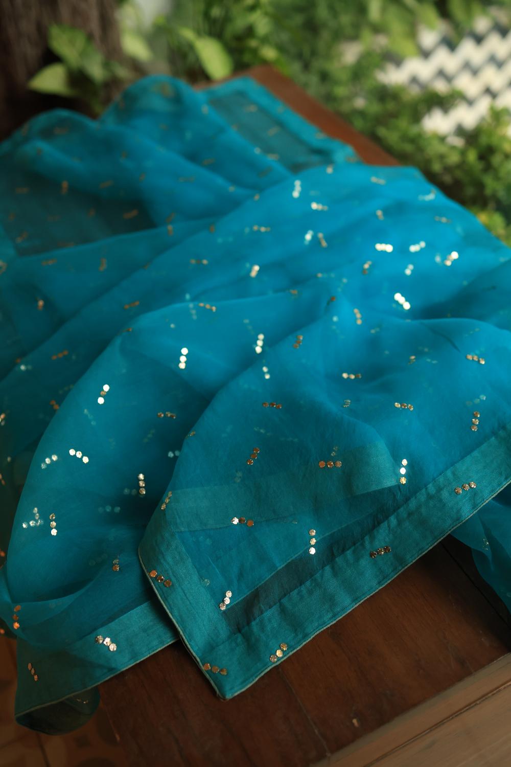 Deep Teal Shade Noor Organza Silk Chikankari Unstitched Kurta Dupatta Set