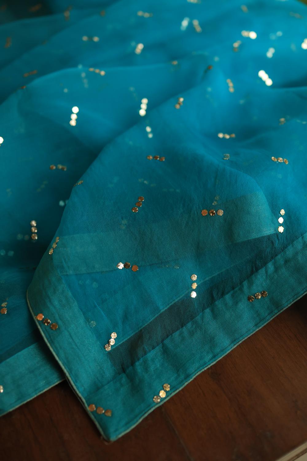 Deep Teal Shade Noor Organza Silk Chikankari Unstitched Kurta Dupatta Set