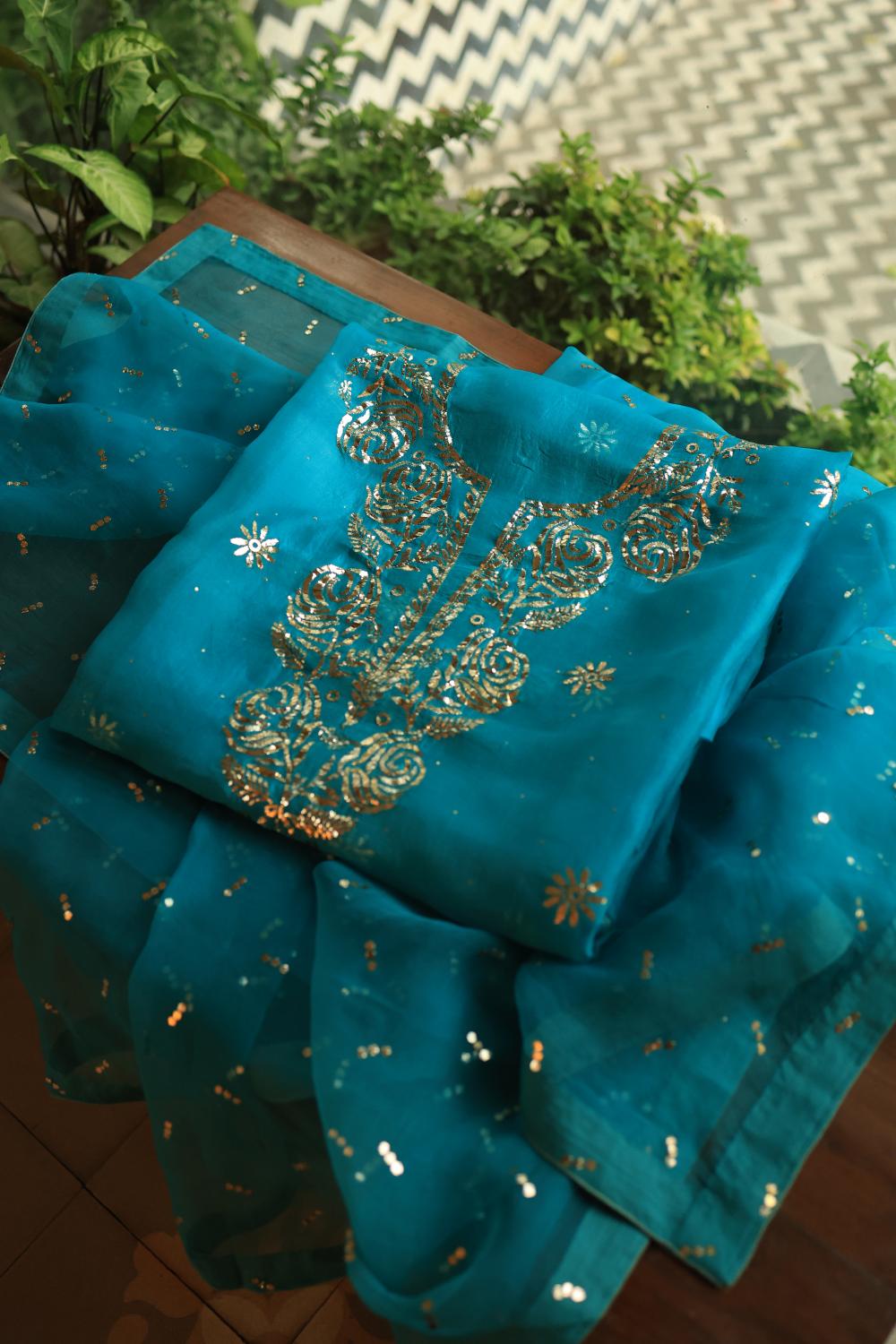 Deep Teal Shade Noor Organza Silk Chikankari Unstitched Kurta Dupatta Set