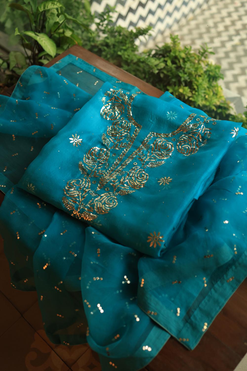 Deep Teal Shade Noor Organza Silk Chikankari Unstitched Kurta Dupatta Set