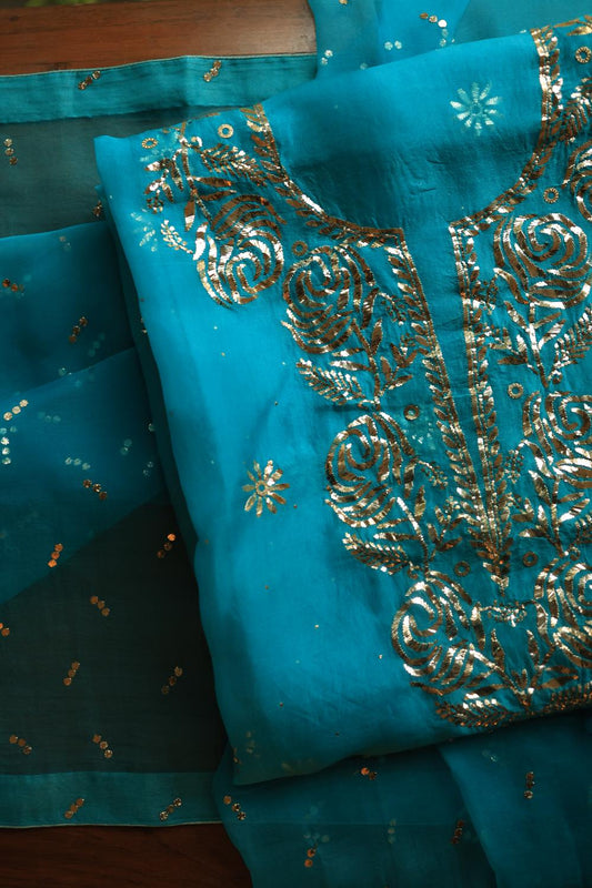Deep Teal Shade Noor Organza Silk Chikankari Unstitched Kurta Dupatta Set