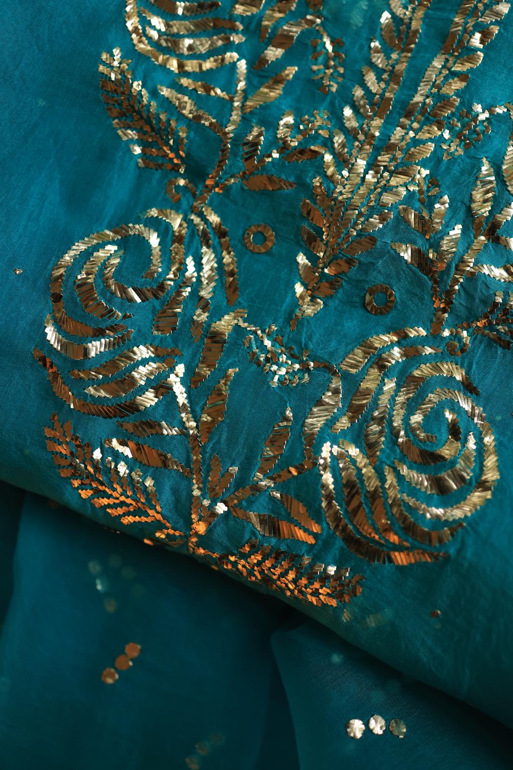 Deep Teal Shade Noor Organza Silk Chikankari Unstitched Kurta Dupatta Set