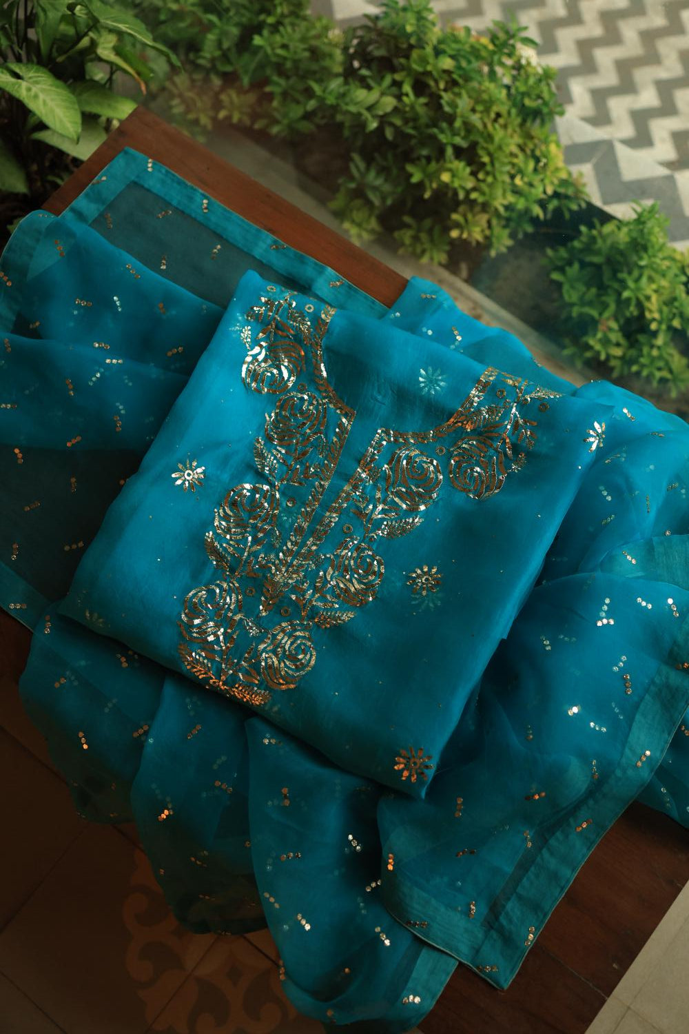 Deep Teal Shade Noor Organza Silk Chikankari Unstitched Kurta Dupatta Set