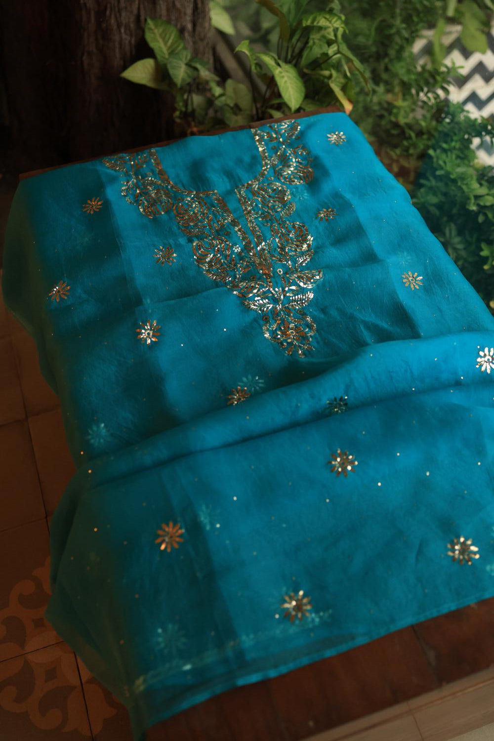 Deep Teal Shade Noor Organza Silk Chikankari Unstitched Kurta Dupatta Set