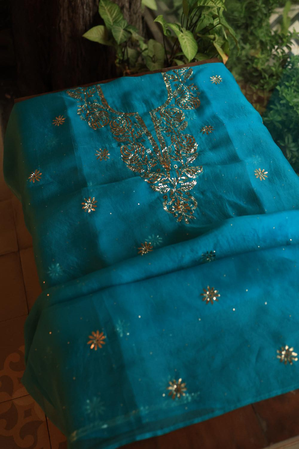 Deep Teal Shade Noor Organza Silk Chikankari Unstitched Kurta Dupatta Set