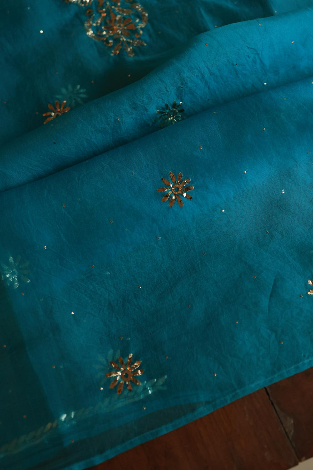 Deep Teal Shade Noor Organza Silk Chikankari Unstitched Kurta Dupatta Set