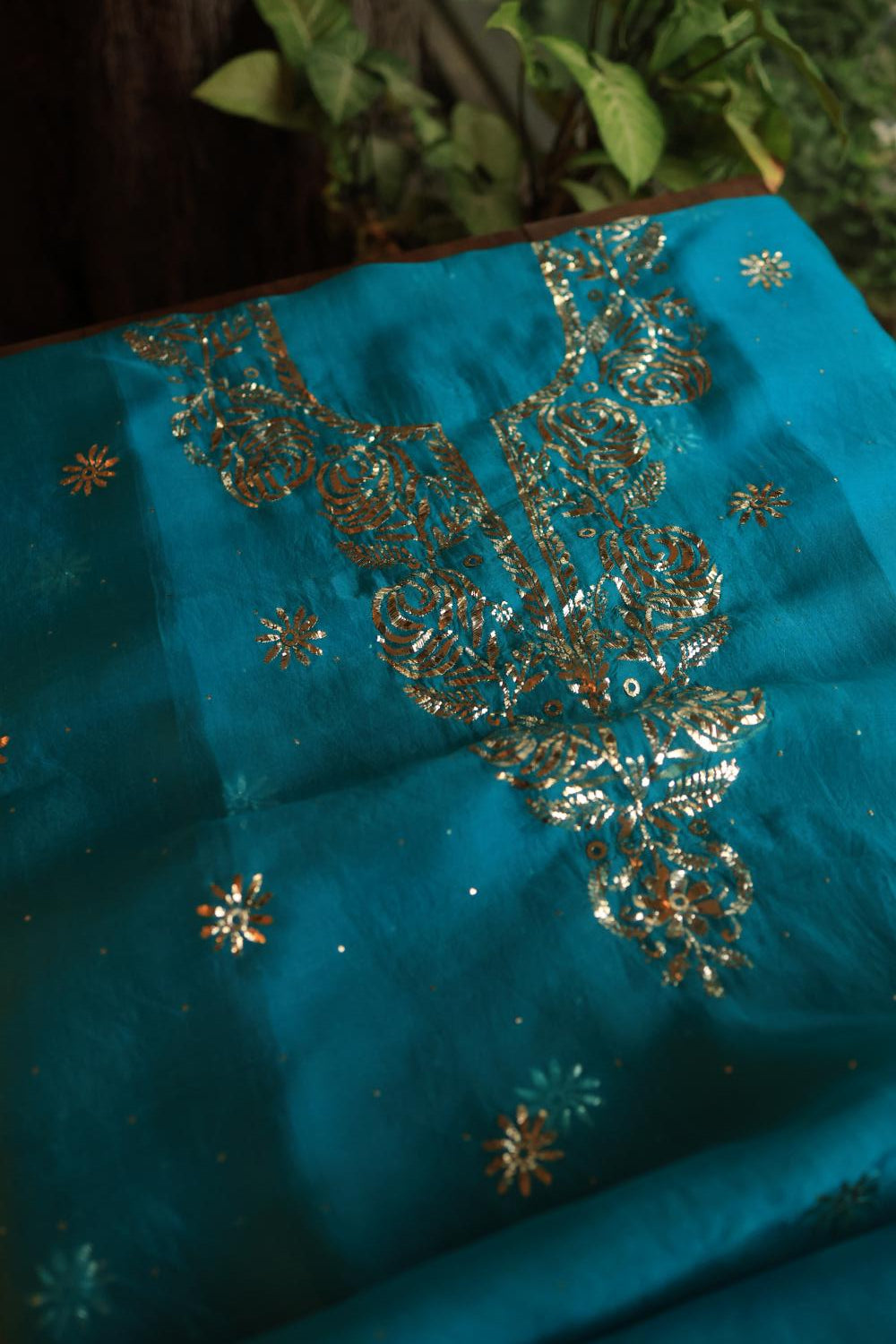 Deep Teal Shade Noor Organza Silk Chikankari Unstitched Kurta Dupatta Set
